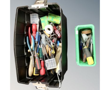 Two tubs containing a quantity of hand tools and hardware.