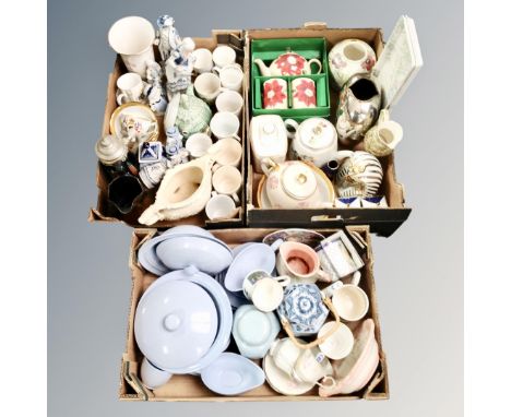 Three boxes of assorted ceramics including caddies, continental figures, commemorative mugs, Spode dinner ware, wash jug and 