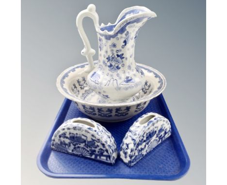 A pair of Canton Collection blue and white fan vases together with a further blue and white wash jug and basin in the Chinese