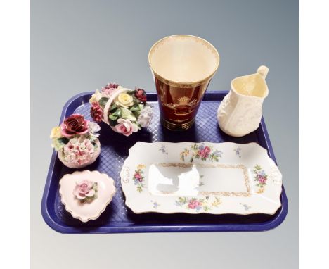 A tray containing a Belleek jug, a Carlton ware Rouge Royale vase together with a china sandwich plate, flower posies and a t