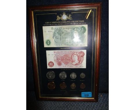 A framed and glazed Great Britain Sterling Collection of pre-decimal currency and Coins of the Realm by Heritage Mint compris