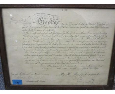A certificate appointing George Gilbert Garrard Officer in the Territorial force 