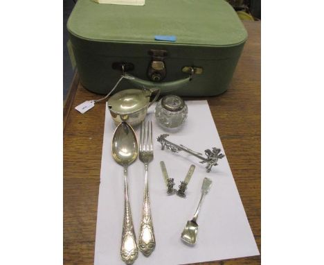 A silver mustard pot, a silver rimmed match lighter, mixed silver and silver plated items, together with a vintage vanity cas