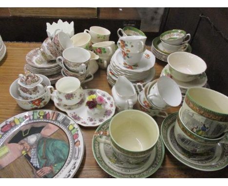 Royal Doulton pictorial plates, mixed part tea sets, three Adams oversized tea cups and saucers and mixed  china 