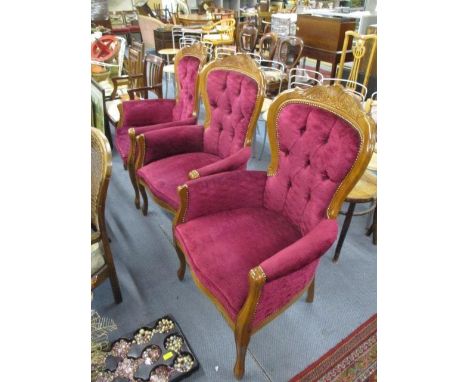 Three walnut purple upholstered, button back chairs 