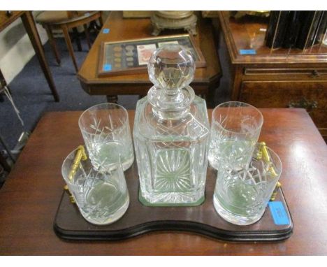 A Pymes Park Lodge No 6193 drinking set comprising of four whisky tumblers and a decanter 
