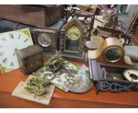 Mixed clocks and parts to include long case clock dials, an oak Napoleon's hat mantel clock and others 