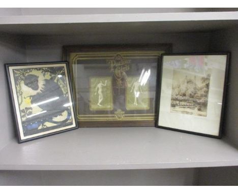 A pair of 1908 parlour girl's postcards, mounted, together with an engraving by S Warburton of a Cathedral view, and a print 