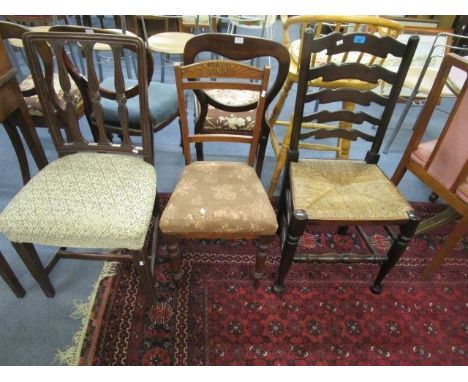 Chairs to include a late 19th century dining chair with overstuffed seat, a ladder back chair with rattan seat, and a 19th ce