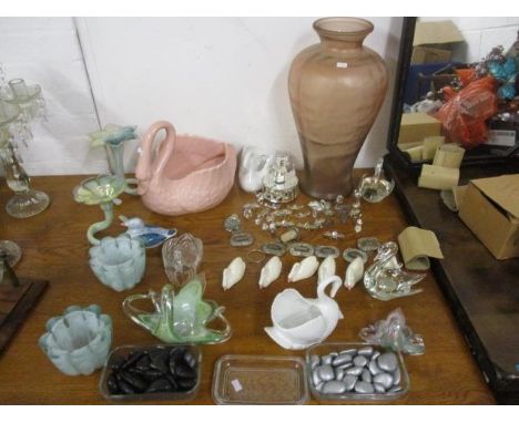 Decorative glassware and model animals to include ceramic swans, decanter labels, glass vases, miniature metal animals and ot