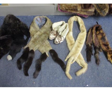 A pair of vintage Alpino Eskimo style boots, approximate size 3/4, together with mink stoles including an Arctic mink stole a