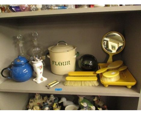 Vintage enamelled kitchenware, a Bakelite dressing table set, a green witch's ball, hat pins, fruit knives, two glass decante