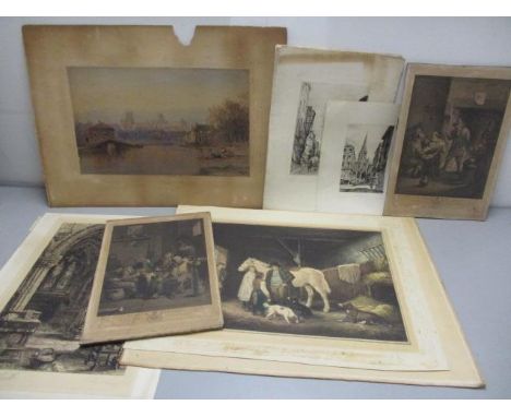 A folio of mixed pictures to include E Tucker - a 19th century watercolour depicting figures and boats by a harbour town, 18 