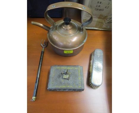 A silver engine turned dressing table brush, toasting fork, cigarette box and an Edwardian kettle and a Two boxed Mary Lewcoc