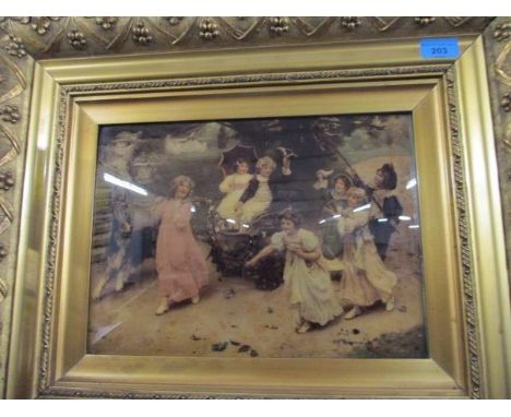 A Victorian cushion mounted print in a gilt frame 