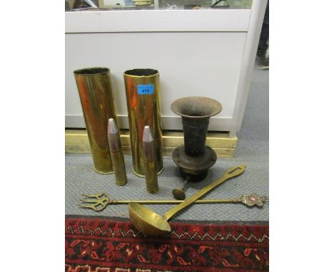 Mixed metalware to include trench art brass shell cases and a ladle 