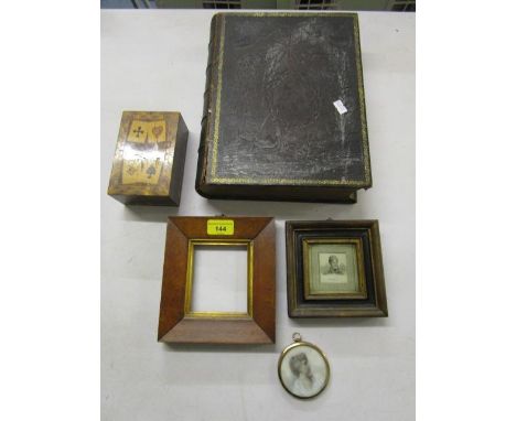 A mixed lot to include a miniature portrait profile of a woman, a small 19th century print of George IV, a 19th century burr 