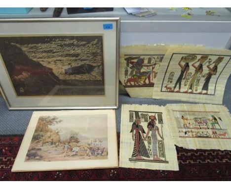 EEL '44 - woodcut, figures on a cliff and a boat below, 12 1/2" x 17 7/8", mounted in a glazed frame, along with four Egyptia