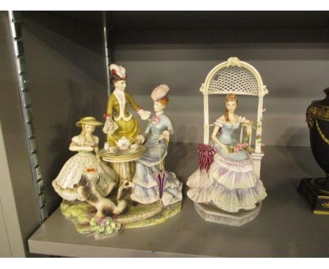 A Royal Worcester figural group entitled The Tea Party and another entitled Rebecca, both modelled by Ruth Esther, A/F 