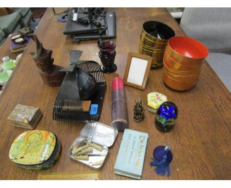 A mixed lot to include a mother of pearl box, A Edgehill &amp; Co 1915, a wooden ruler and other items 