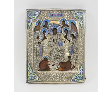 19TH CENTURY RUSSIAN ICON, with decorative silver and coloured enamel oklad, portraying multiple saintly figures, hallmarked,