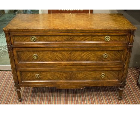 COMMODE, Directoire style simulated walnut with three long drawers below flanked by fluted half column uprights on short turn