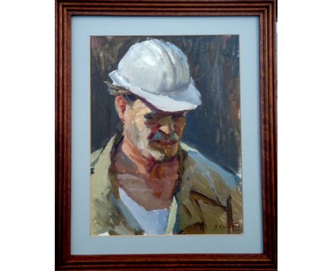 VIKTOR KOSHEVOI (1924-2006) 'Portrait of a Builder', oil on board, 1960, 32cm x 24cm, framed.