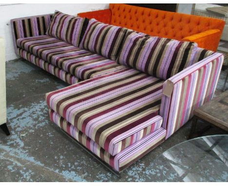 CORNER SOFA, in Designer Guild striped fabric, 71cm H x 153cm D x 291cm W. (with faults)