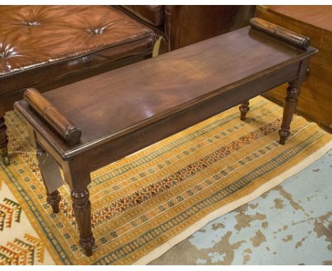 HALL BENCH, Regency design mahogany rectangular with bolster handles and turned supports, 107cm x 33cm x 51cm H.