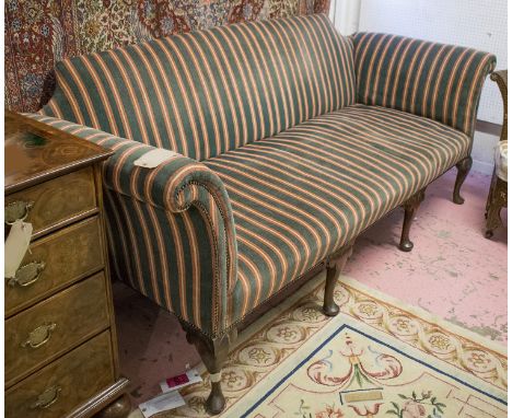 SOFA, Georgian style in striped upholstery with out swept arms, 233cm W x 94cm H x 92cm D.