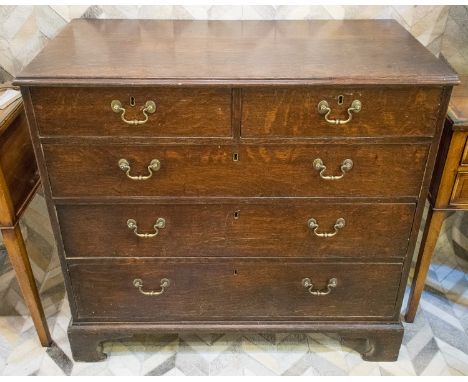 CHEST, George III oak of two short over three long drawers on bracket feet, 98.5cm W x 91.5cm H x 50.5cm D. (with faults)
