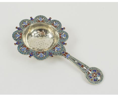 RUSSIAN SILVER AND CLOISONNÉ ENAMEL TEA STRAINER, makers mark of Gustav Klingert, Assay Master Lev Fridrikhovitch Oleks, Mosc