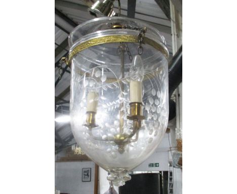 CEILING LIGHT, three branch in a brass mount with engraved bowl below, 40cm H plus chain.