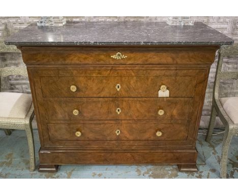 COMMODE, 19th century French Louis Philippe figured walnut with grey marble top above four long drawers and raised plinth bas