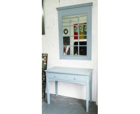 CONSOLE TABLE, having two drawers on square legs in duck egg blue painted finish with matching window mirror, console 100cm W