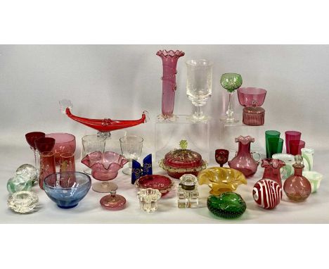 LARGE GROUP OF COLOURED GLASSWARE 19th century and later, including ruby and cranberry vases, bowls and drinking glasses, a c