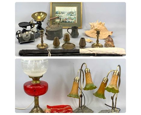 GROUP OF MIXED COLLECTABLES including Art Nouveau style twin branch table light fittings with glass shades, Salter no. 56 kit