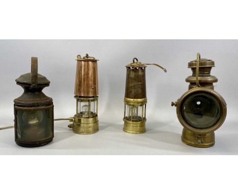 VINTAGE LIGHTING GROUP including a Powell & Harmer carbide car light, steel lantern with burner, steel and brass miners lamp 