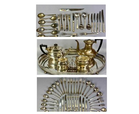 MIXED GROUP OF PLATED ITEMS, large oval tea tray with pierced gallery and on bun feet, 61 x 40cms, three-piece Elkington tea 