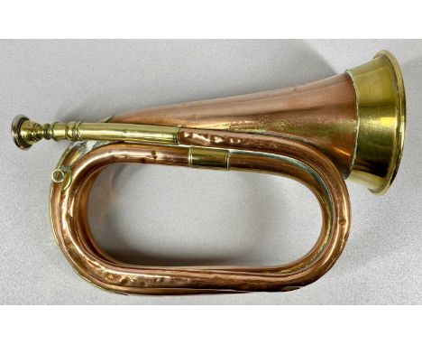 FRENCH BRASS & COPPER BUGLE with brass mounts, by Thibouville, Lamy & Co, 10 Charter House Street, London, 27cms (h)Provenanc