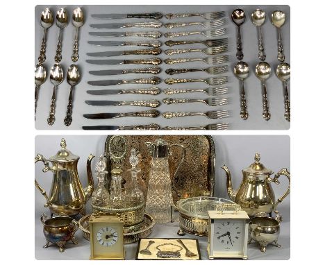 GROUP OF SILVER PLATED ITEMS including two handle tea tray with gallery rim, Pilgrim four piece tea service, four bottle crue