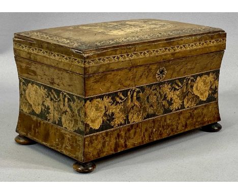 VICTORIAN TUNBRIDGE WARE DOUBLE TEA CADDY of sarcophagus form, the cover with ruined abbey, body with band of flowers, on bun