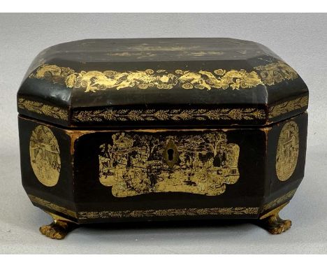 19TH CENTURY CHINESE BLACK LACQUERED DOUBLE TEA CADDY of octagonal form, gilded chinoiserie decoration, on four claw feet, hi