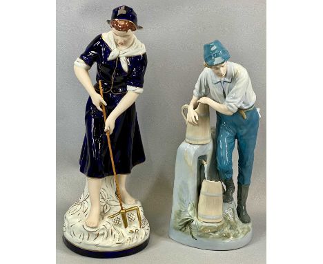 TWO LARGE ROYAL DUX FIGURES, young lady in blue dress and hat digging with fork, 53cms (h), boy in light blue cap and trouser