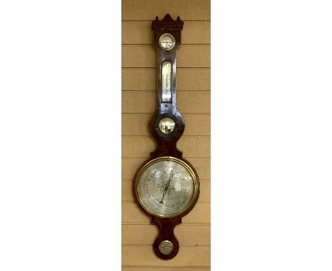 GEORGE III MAHOGANY CASED BANJO BAROMETER, satinwood strung, silvered dial, thermometer dial and humidity dial, mirror to cen