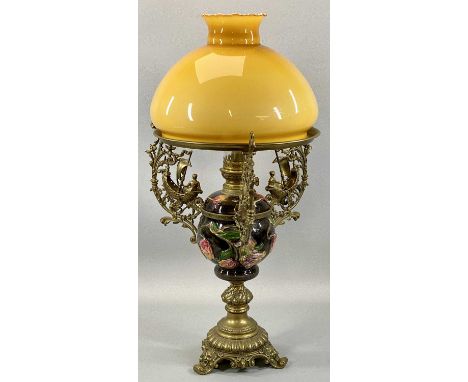 ORNATE POTTERY & BRASS OIL LAMP, the shade supports modelled as sailing boats with figures, removable reservoir with single b
