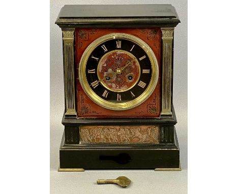 VICTORIAN BLACK SLATE & ROUGE MARBLE MANTEL CLOCK, circular dial with brass bezel and gilded Roman numerals, flanked by gilde