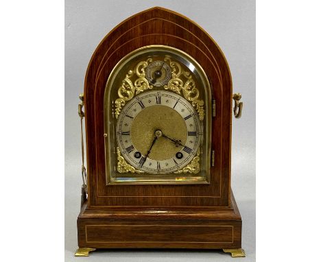 INLAID ROSEWOOD LANCET CASED MANTEL CLOCK, early 20th century with gilded side handles and ogee feet, the arched gilded dial 