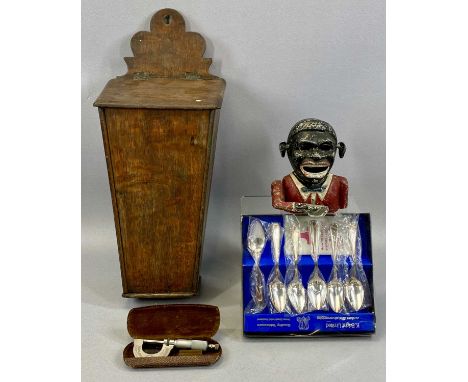 VARIOUS COLLECTABLES including 19th century oak candle box, sloping hinged cover, 48cms (h), painted aluminium novelty money 