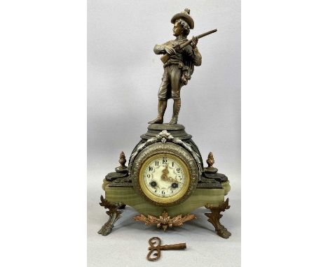 SPELTER & ALABASTER MANTEL CLOCK, surmounted with figure of a huntsman, circular dial decorated with floral swags, black Arab